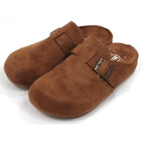 Pair of brown faux suede mule slippers with a buckle on a white background