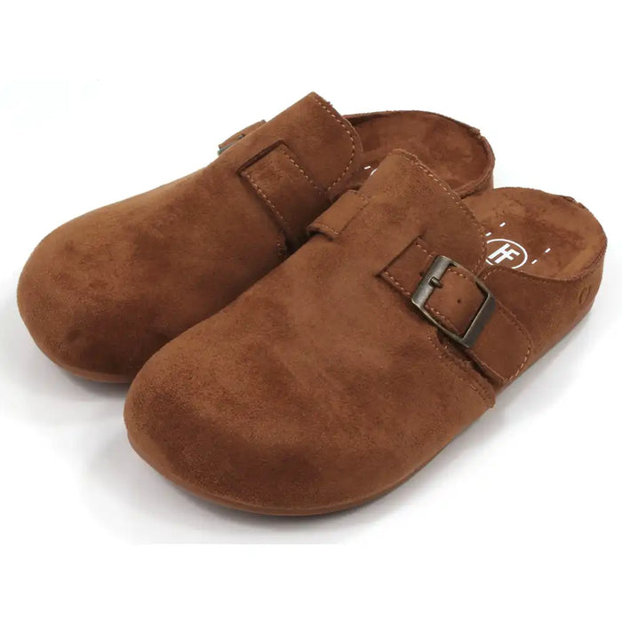 Pair of brown faux suede mule slippers with a buckle on a white background