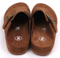 Pair of brown faux suede mule slippers with a buckle on a white background