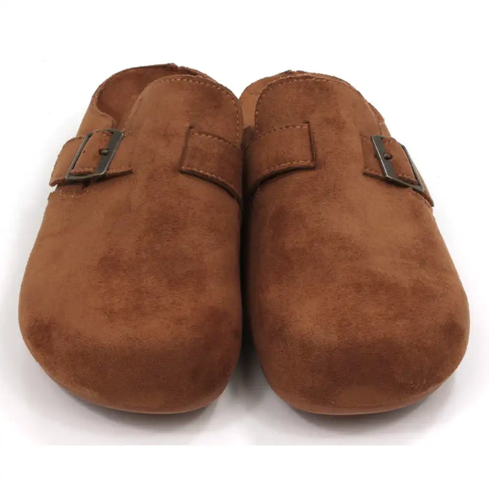 Pair of brown faux suede mule slippers with a buckle on a white background