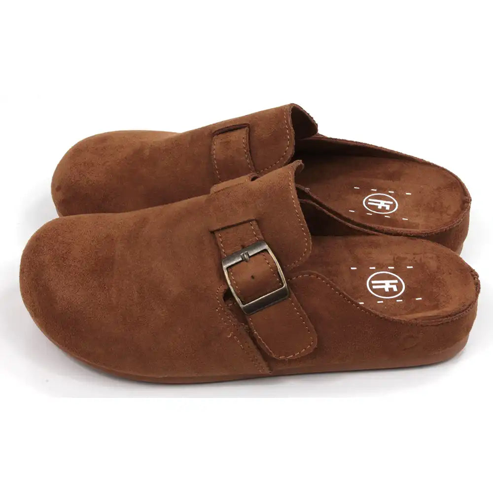 Pair of brown faux suede mule slippers with a buckle on a white background
