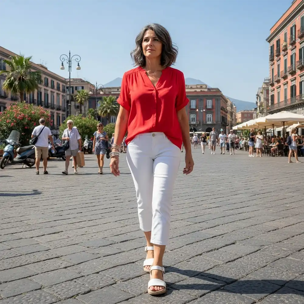 Woman in a red shirt and white pants walking on a sunny street with buildings and people in the background.