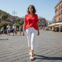 Woman in a red shirt and white pants walking on a sunny street with buildings and people in the background.