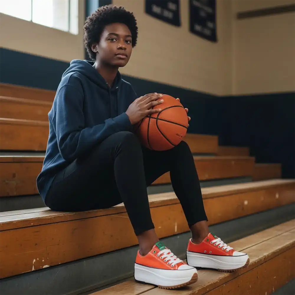 Person sitting on bleachers holding a basketball in a gymnasium