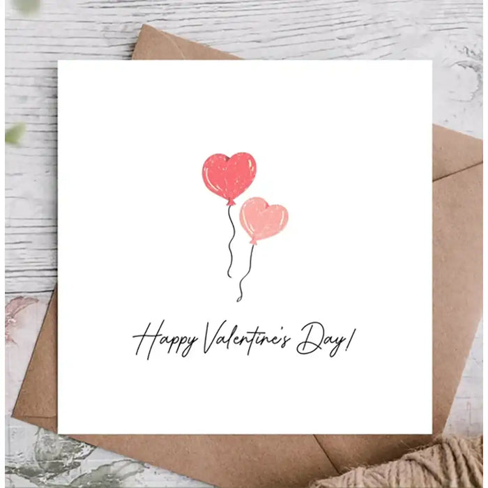 Valentine's Day card with heart-shaped balloons and 'Happy Valentine's Day!' text on a white background.