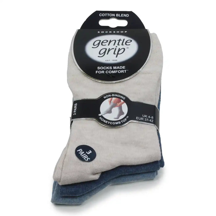 3 pack of Gentle Grip socks with cream ones at the top.