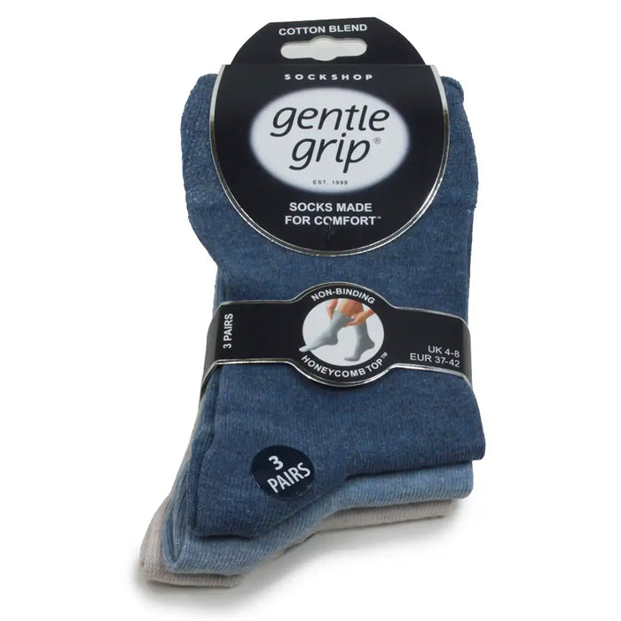 3 pack of Gentle Grip socks with dark blue ones at the top.