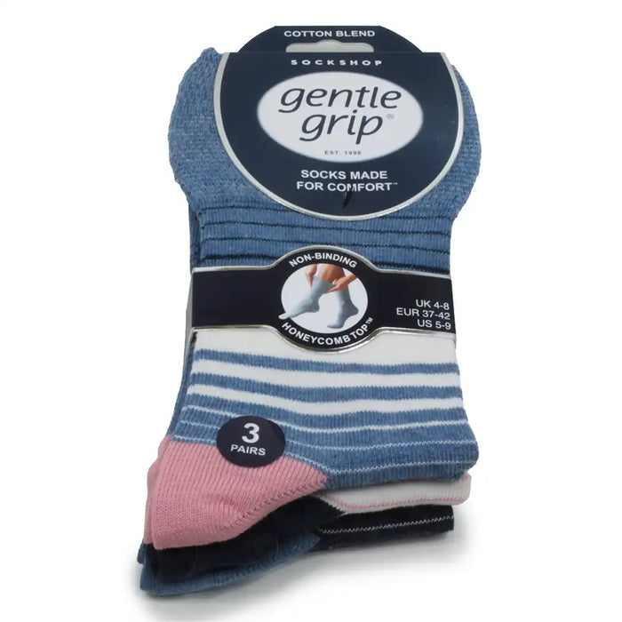 Pack of Gentle Grip socks with blue stripes on top.