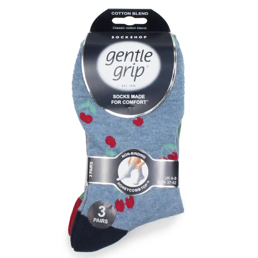 Pack of gentle grip socks with cherries design on a white background