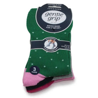 Pack of Gentle Grip socks with green with white spots on top.