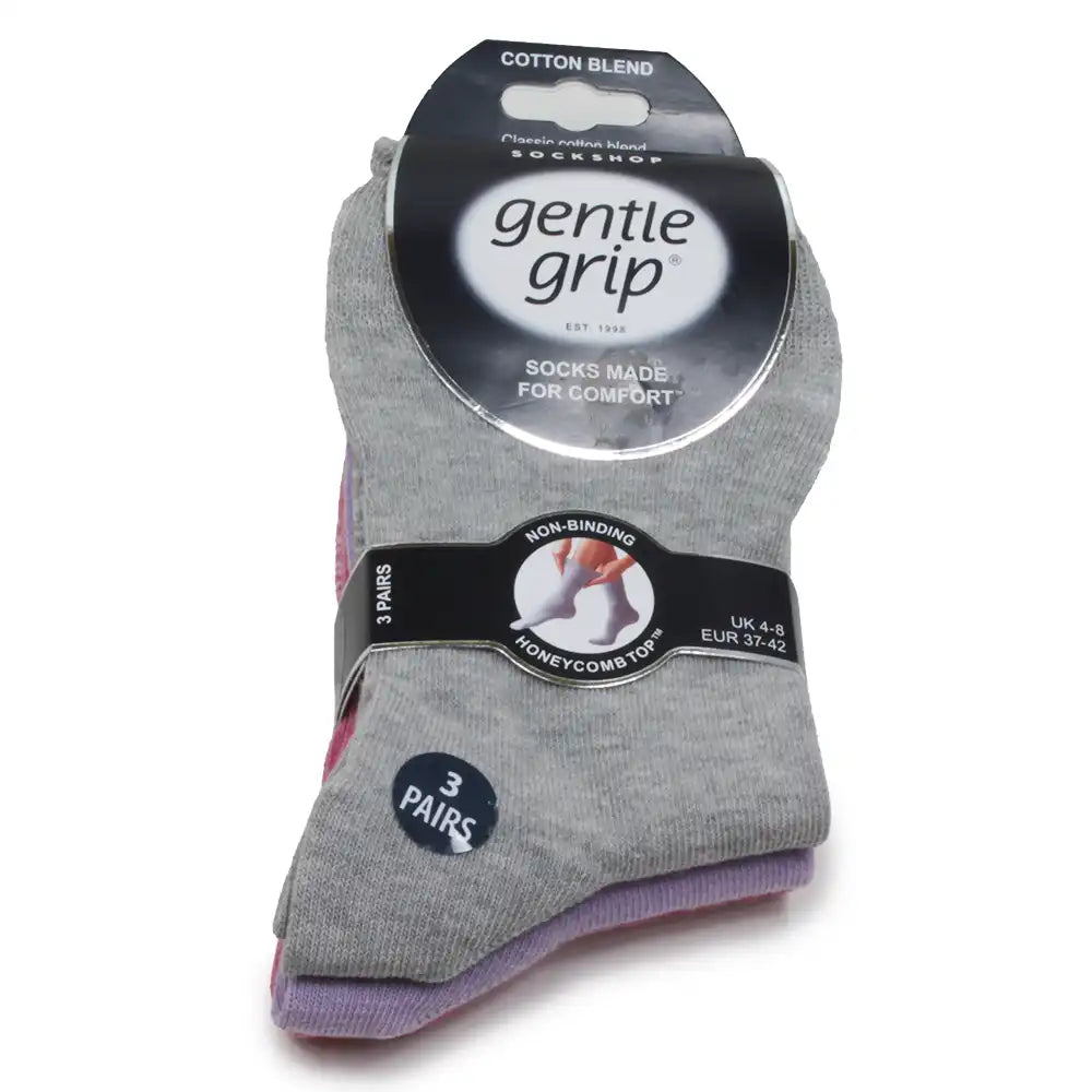 Pack of gray socks with a 'gentle grip' label on a white background