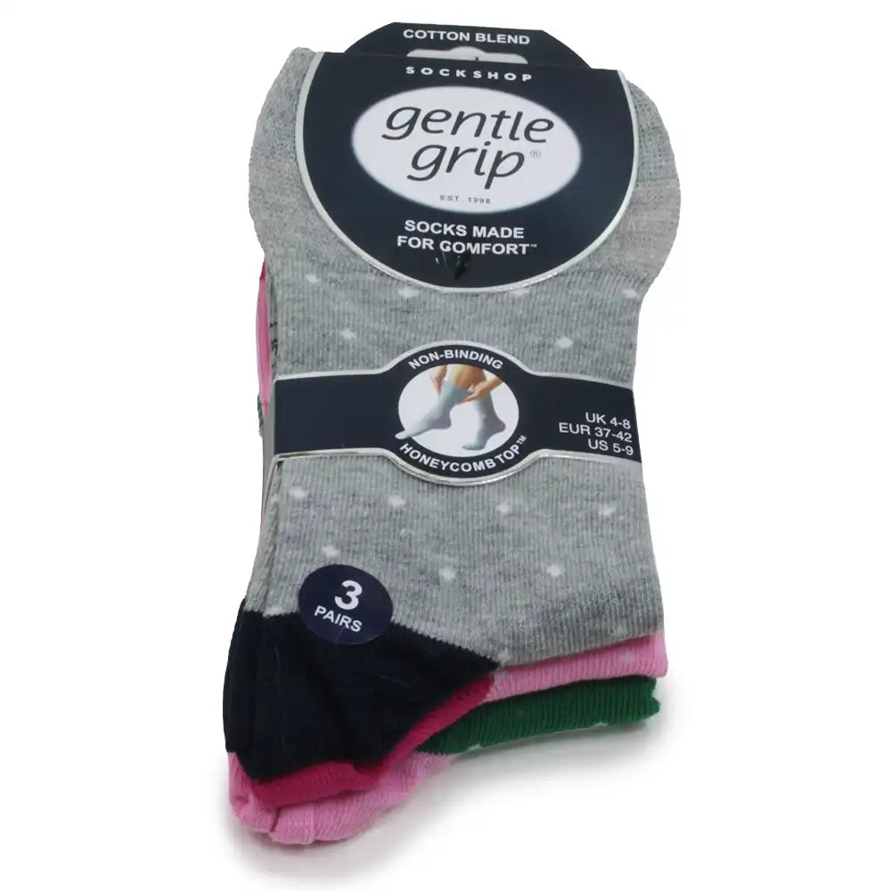 Pack of Gentle Grip socks with grey with white spots on top.