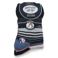 Pack of Gentle Grip socks with navy blue stripes on top.