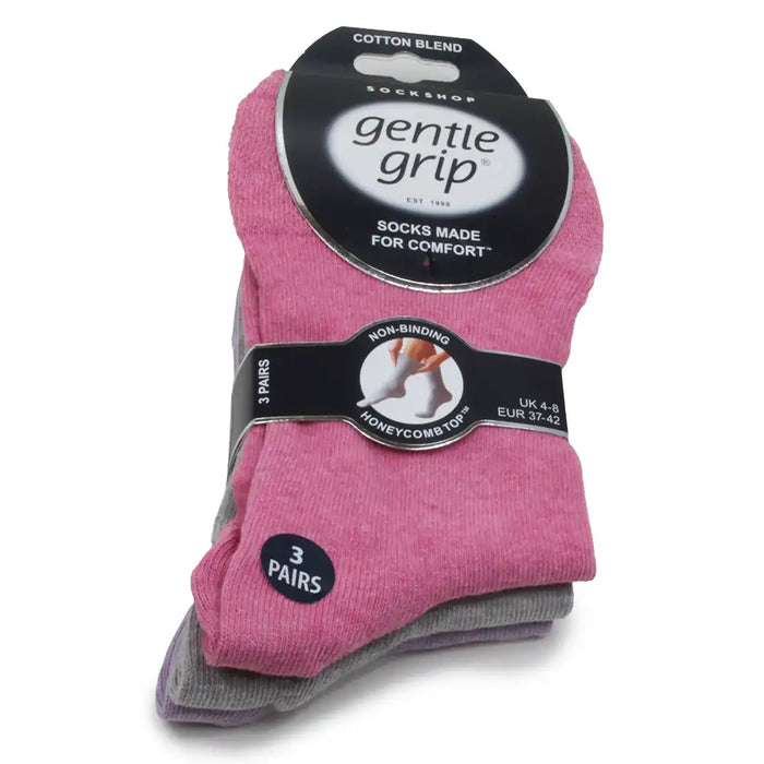 Pack of pink and gray socks with 'gentle grip' packaging on a white background