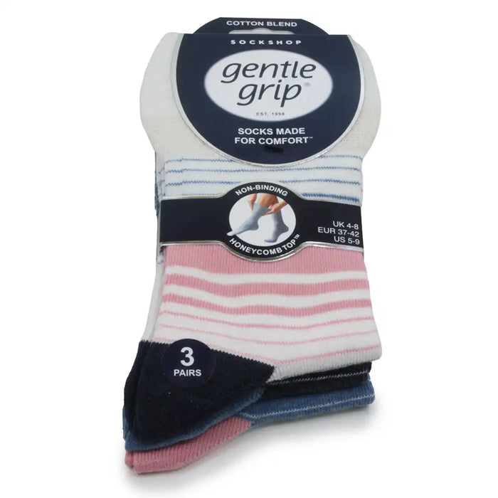 Pack of Gentle Grip socks with pink stripes on top.