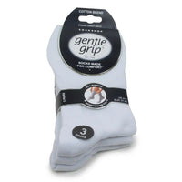 Pack of white socks with 'gentle grip' packaging on a white background