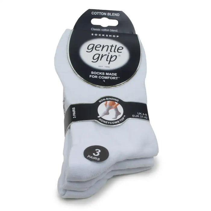 Pack of white socks with 'gentle grip' packaging on a white background