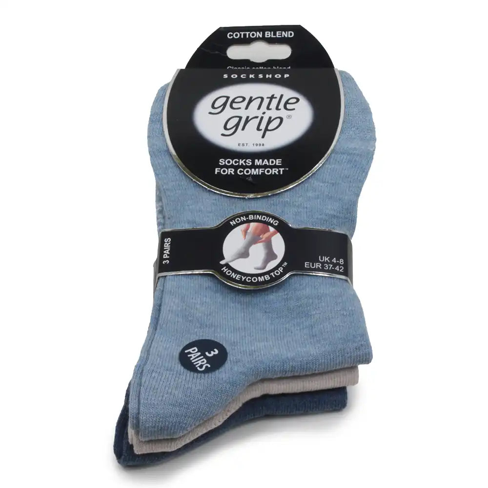 3 pack of Gentle Grip socks with light blue ones at the top.