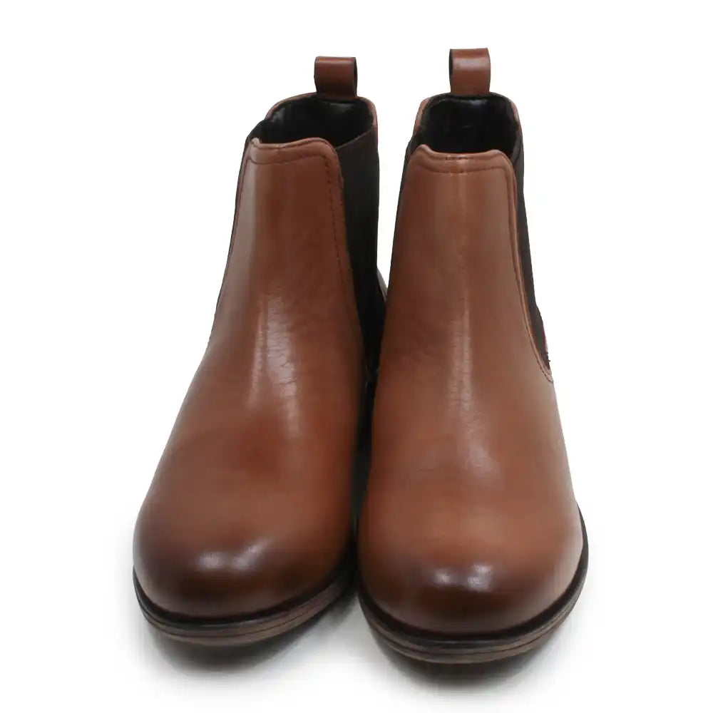 A pair of women's brown leather Chelsea boots with elastic side panels and pull tabs, shown from a front-facing perspective on a white background.