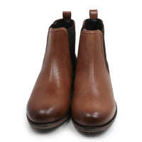A pair of women's brown leather Chelsea boots with elastic side panels and pull tabs, shown from a front-facing perspective on a white background.