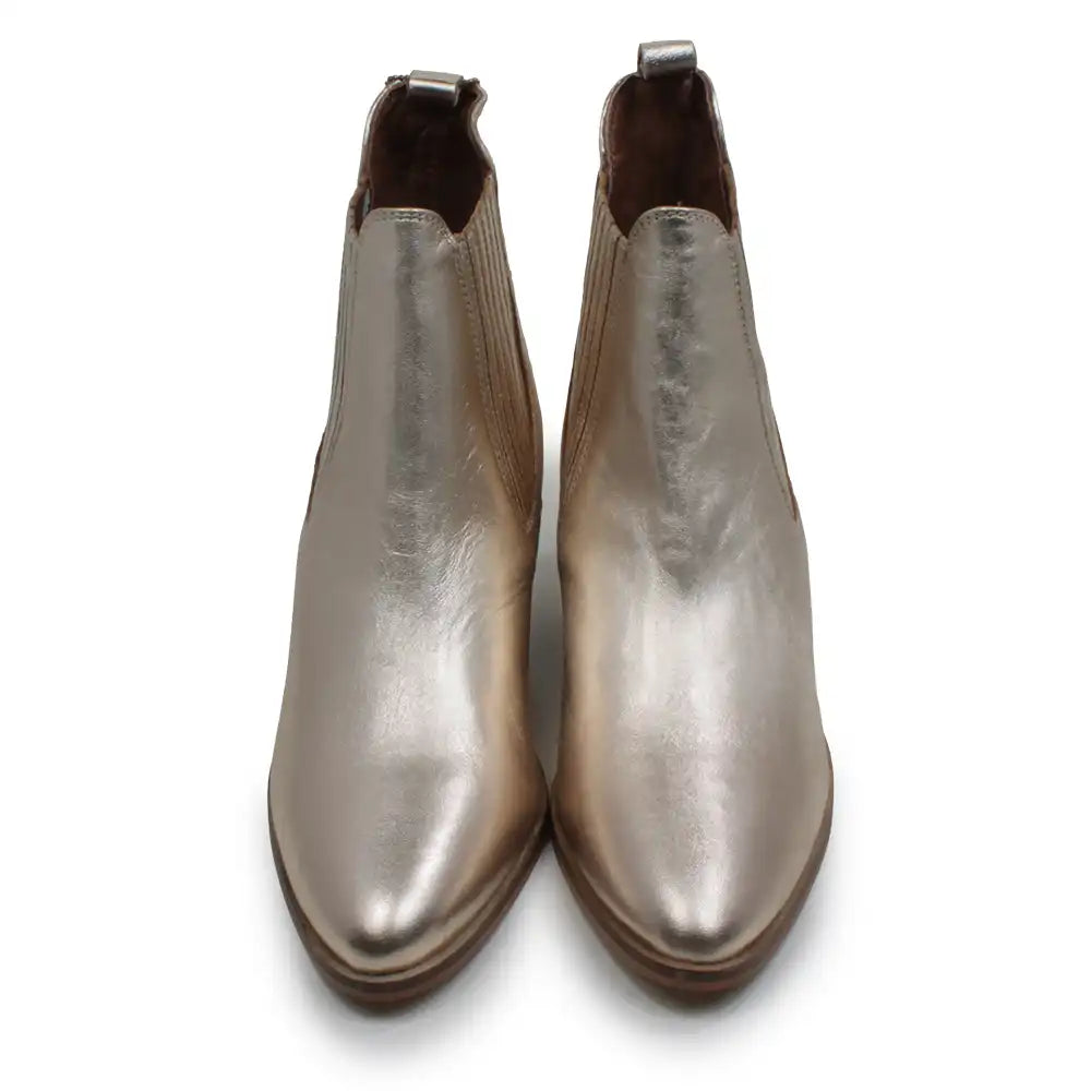 A pair of metallic taupe leather Chelsea boots shown from a top-down view on a white background.