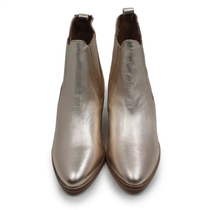 A pair of metallic taupe leather Chelsea boots shown from a top-down view on a white background.