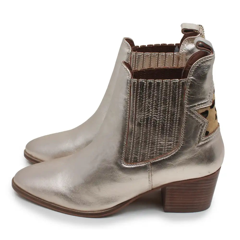 A pair of metallic silver Chelsea-style ankle boots with brown stacked block heels, elastic side panels, and a textured knit detail on the outer shaft, shown against a plain white background.