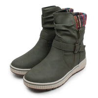 A pair of women's olive green mid-calf boots with a side zipper, buckle strap, and a multicolor striped knit lining visible at the collar, set against a plain white background.