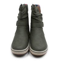 A pair of women's mid-calf boots in olive green, featuring a buckle strap across the instep, a side zipper, and a thick white and gray striped sole.