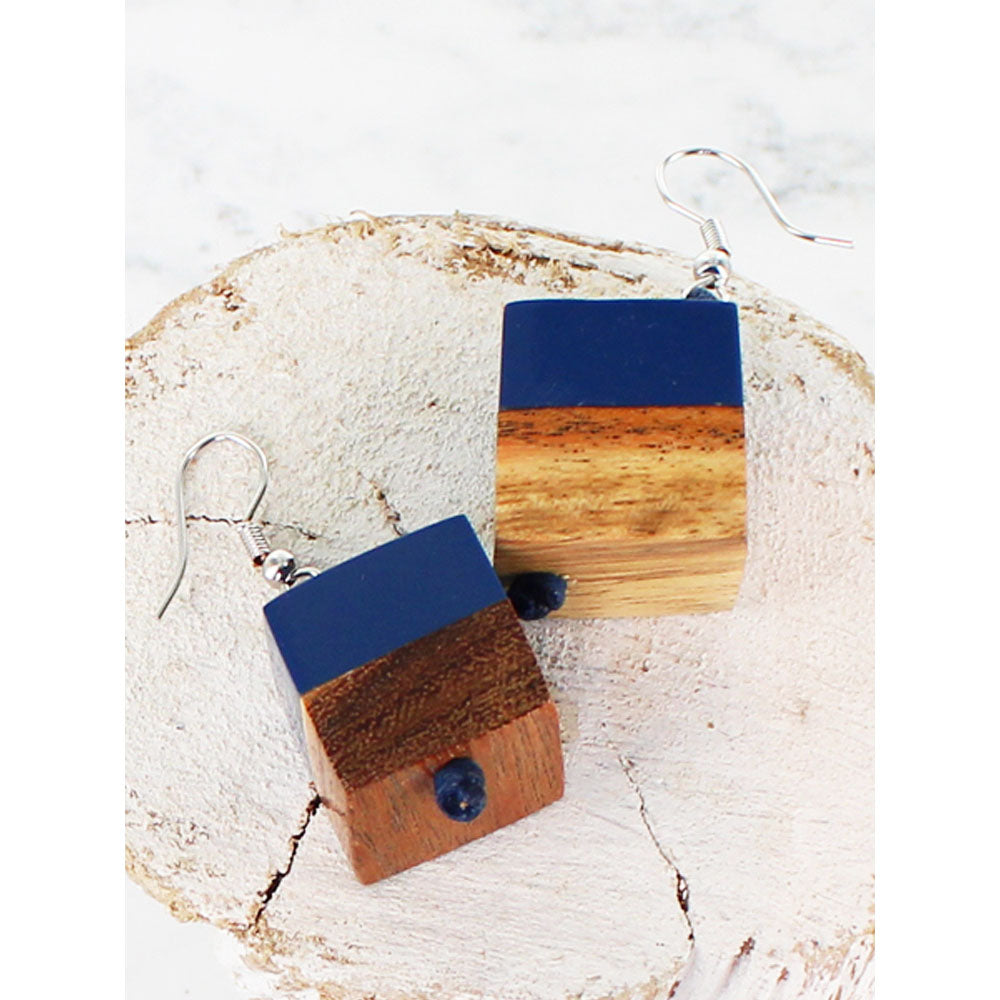 Suzie Blue Wood & Resin Cube Earrings