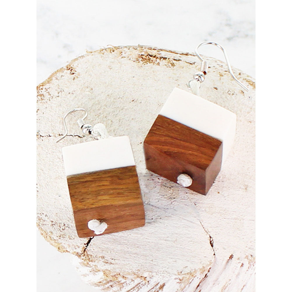 Suzie Blue Wood & White Resin Cube Earrings