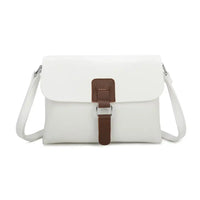 White satchel bag with brown tab and silver hoop detail. On a white background 
