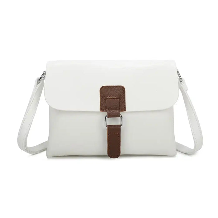 White satchel bag with brown tab and silver hoop detail. On a white background 
