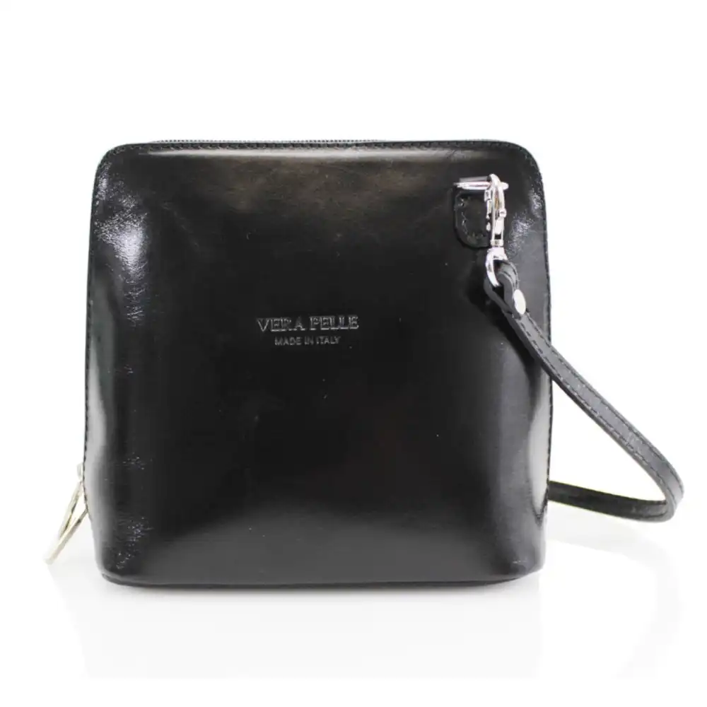 A black leather crossbody bag with silver hardware, featuring the embossed brand name 'VERA PELLE MADE IN ITALY' on the front, set against a plain white background.