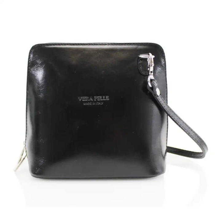 A black leather crossbody bag with silver hardware, featuring the embossed brand name 'VERA PELLE MADE IN ITALY' on the front, set against a plain white background.