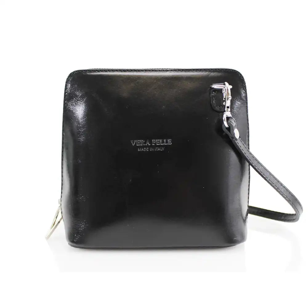 A black leather crossbody bag, featuring a glossy finish, silver-tone hardware, and the brand name embossed on the front, set against a plain white background.