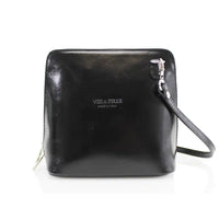 A black leather crossbody bag, featuring a glossy finish, silver-tone hardware, and the brand name embossed on the front, set against a plain white background.