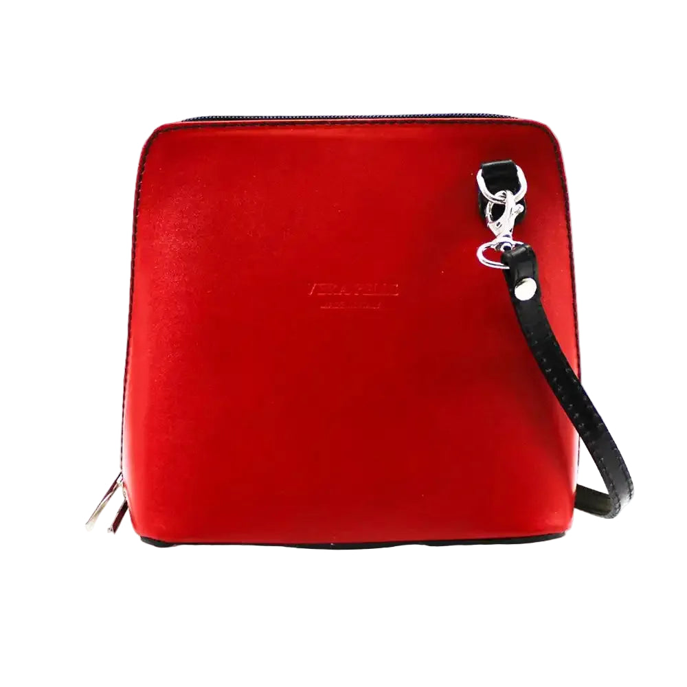 A red zippered clutch bag with a black detachable strap and silver hardware set against a plain white background.