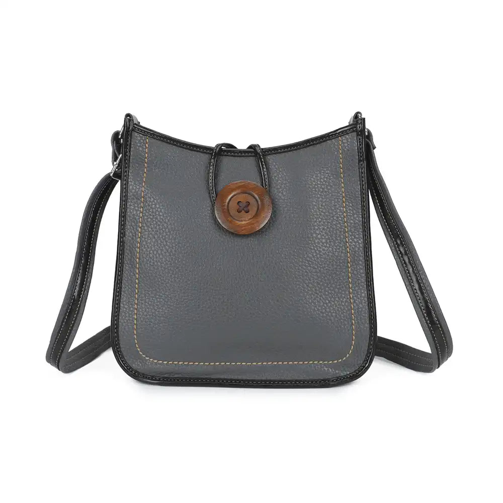 A dark gray pebbled leather crossbody bag with a brown wooden button closure and light tan contrast stitching, shown on a plain white background.