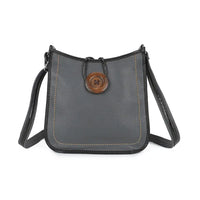 A dark gray pebbled leather crossbody bag with a brown wooden button closure and light tan contrast stitching, shown on a plain white background.