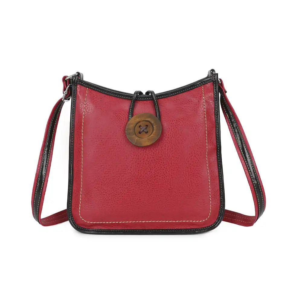 A red pebbled leather look shoulder bag with black trim, a brown wooden button closure, and a matching red and black shoulder strap, shown against a plain white background.