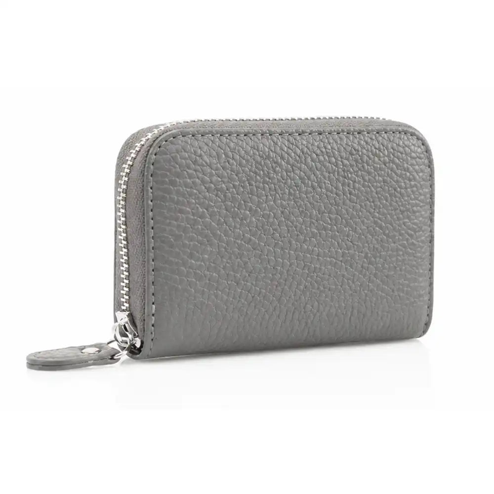 A small grey pebbled leather zip-around wallet with silver-tone metal hardware, shown on a clean white background.