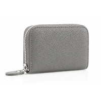 A small grey pebbled leather zip-around wallet with silver-tone metal hardware, shown on a clean white background.