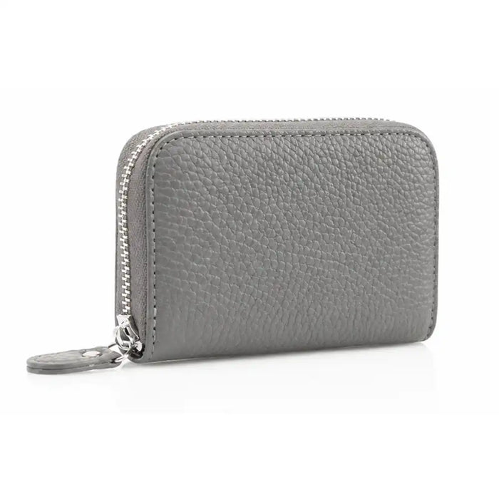 A small grey pebbled leather zip-around wallet with silver-tone metal hardware, shown on a clean white background.