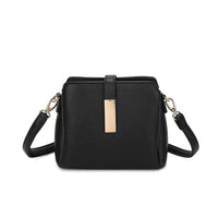 Black handbag with gold accents on a white background
