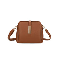 Brown leather look handbag with a gold clasp on a white background