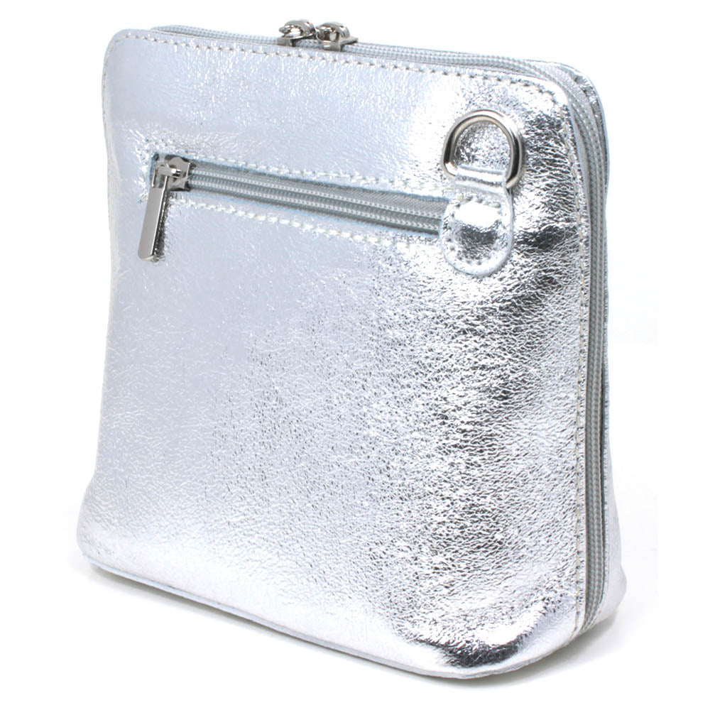 Leather Small Cross Body Bag in Silver