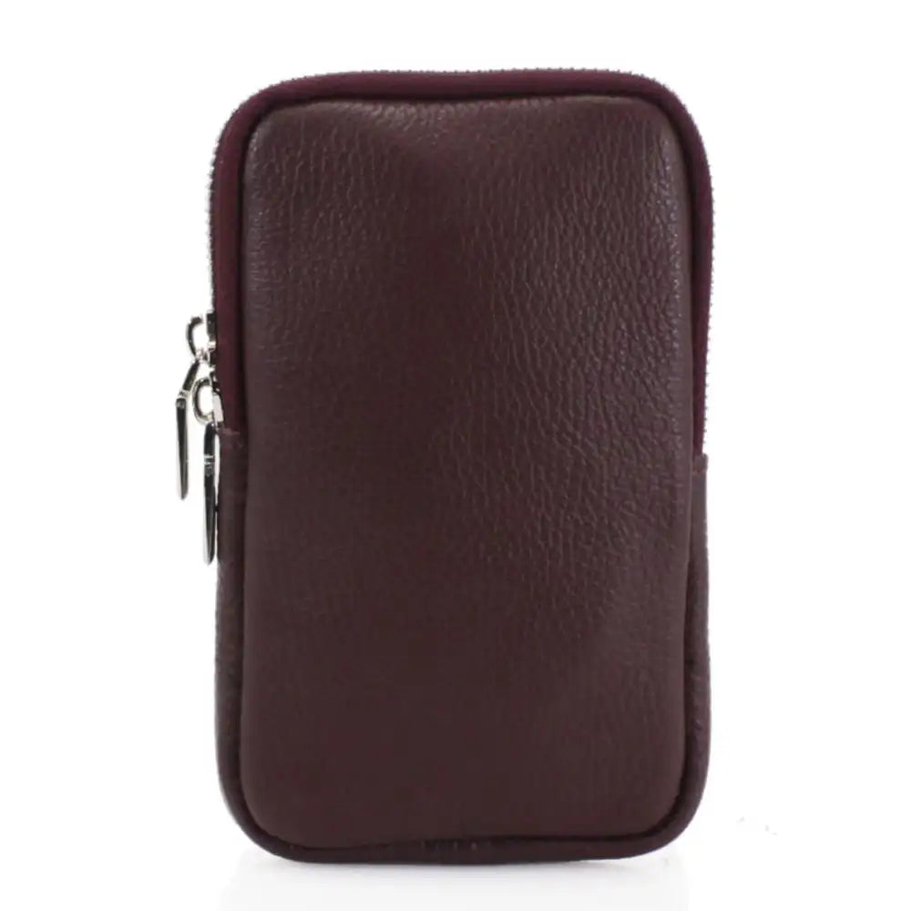 A small pebbled leather zippered pouch in a deep burgundy color, shown against a plain white background.