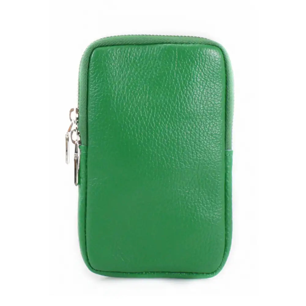 A green pebbled leather zippered pouch or document holder, shown from the front on a plain white background.