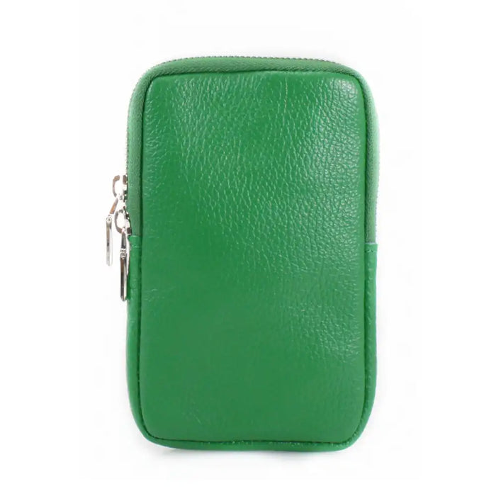 A green pebbled leather zippered pouch or document holder, shown from the front on a plain white background.